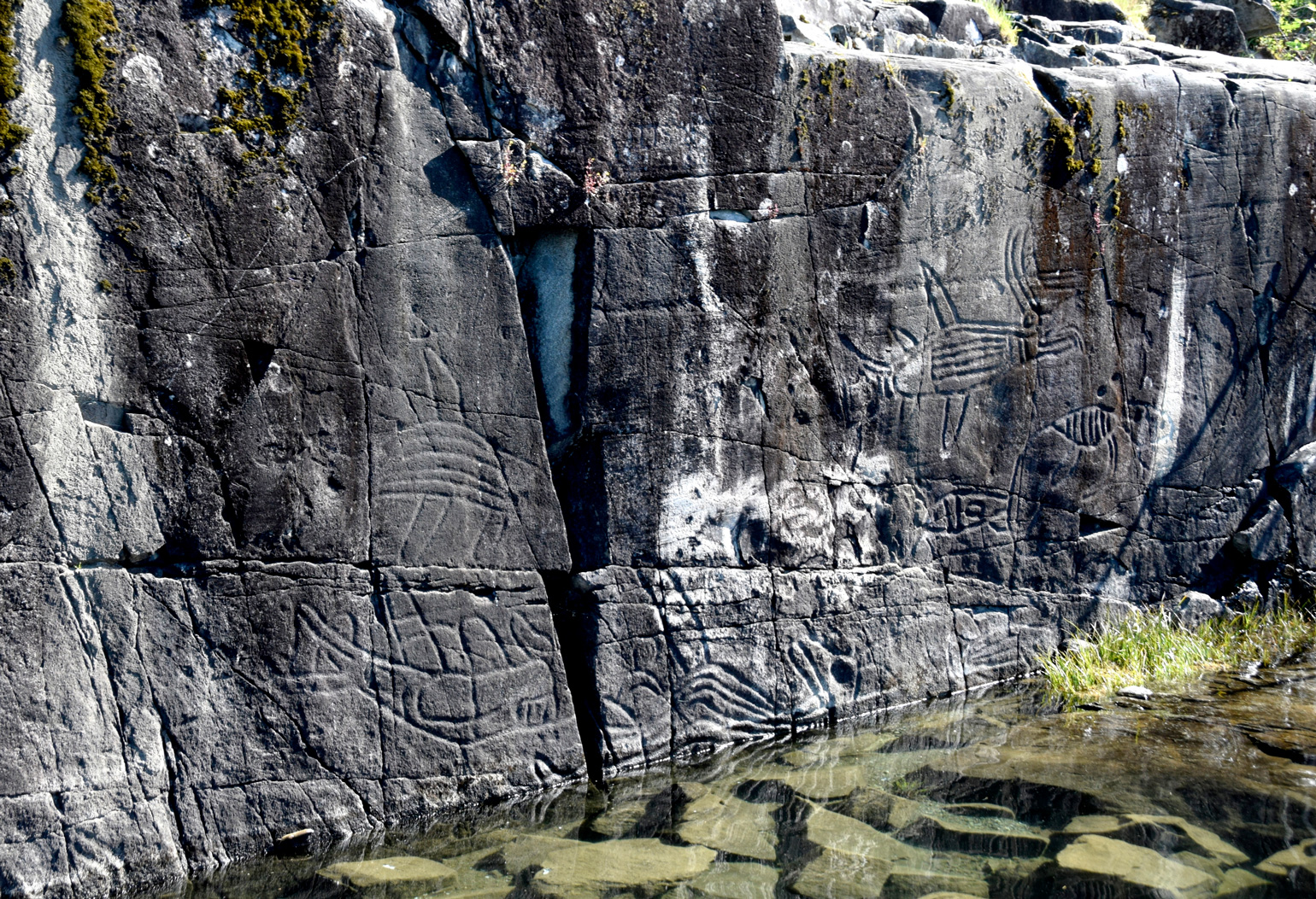closeup of lake shore rock showing petroglyphs of prehistorical mystical figures, Sproat Lake BC Canada